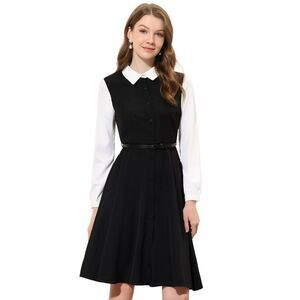 Button Front Dress Long Sleeve Contrast Collar Shirtdress Black White
